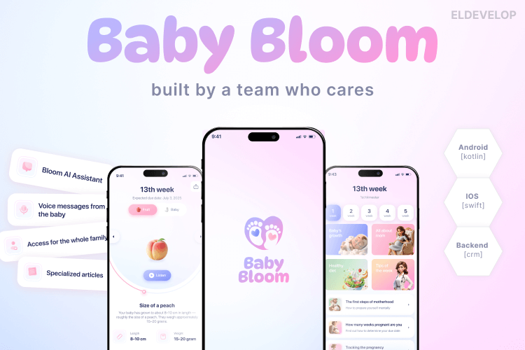 Mobile parenting app interface showing AI assistant, baby tracker, and shared access features.