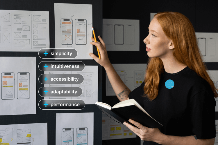 Illustration of mobile UI/UX design process showing wireframes, user interface elements, and responsive app layouts.