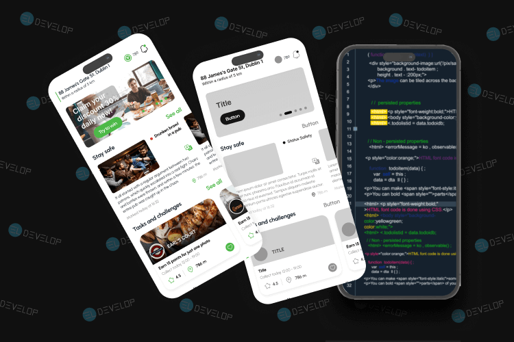 Custom mobile app UI on iOS and Android screens, built with Swift and Kotlin.
