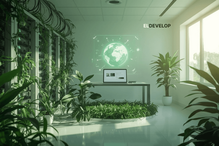Illustration of sustainable web development with eco-friendly technology, green servers, and efficient code representing Green IT practices for businesses.