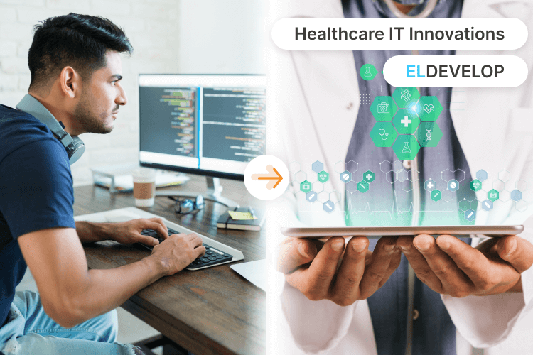 A modern healthcare technology concept featuring a doctor using a tablet with digital health icons floating around, such as a heart rate monitor, medical cross, calendar, and pill reminder. 