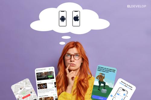 Mockup-to-app process showcasing native iOS and Android development using Swift and Kotlin, powered by ELDEVELOP.