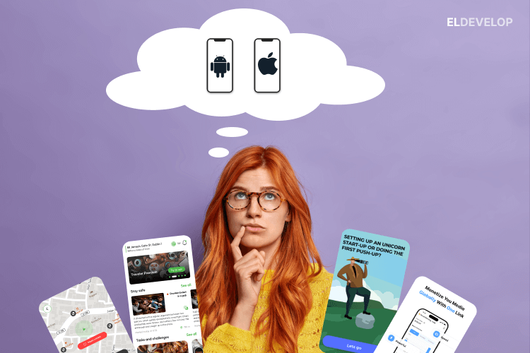 Mockup-to-app process showcasing native iOS and Android development using Swift and Kotlin, powered by ELDEVELOP.