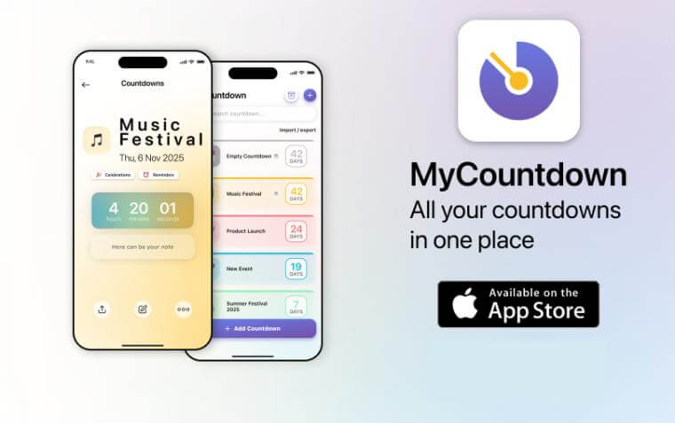 MyCountdown app — elegant iOS countdown tracker built with SwiftUI for managing birthdays, holidays, and milestones