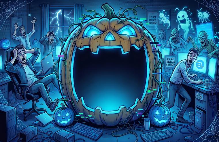 A Halloween-themed illustration of mobile app development featuring a haunted smartphone surrounded by zombie bugs, digital ghosts, and mysterious code