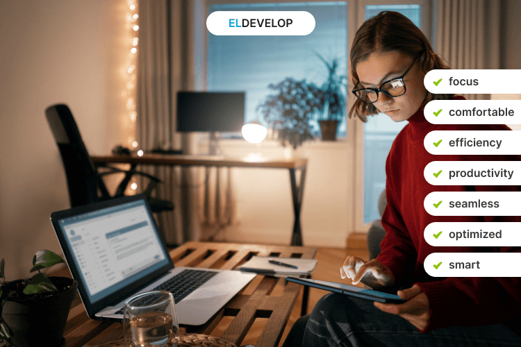 Team collaborating remotely using laptops and digital tools, with icons representing communication, coding, and project management apps.