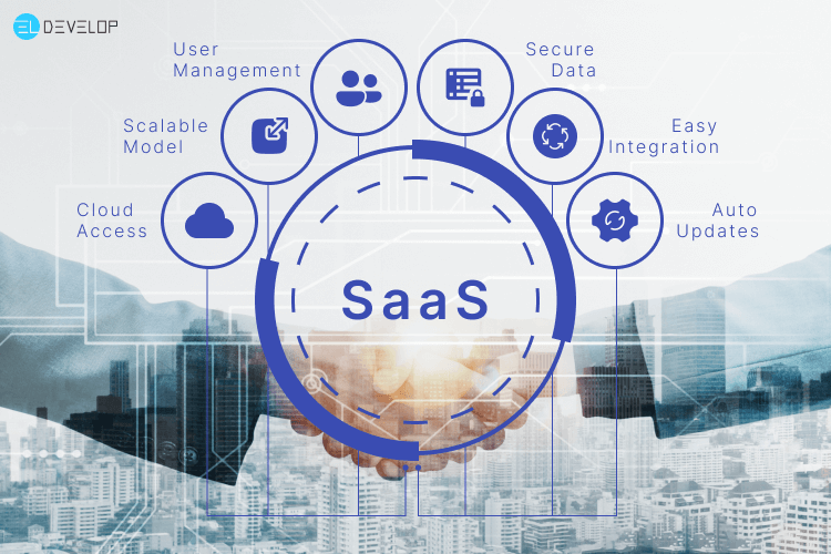 Illustration of SaaS tools enhancing business operations and web development processes in a cloud-based environment.