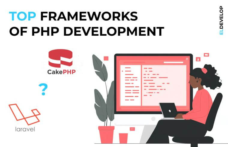 A modern web development workspace featuring a laptop displaying PHP code, surrounded by tools, diagrams, and icons representing frameworks like Laravel and CakePHP.