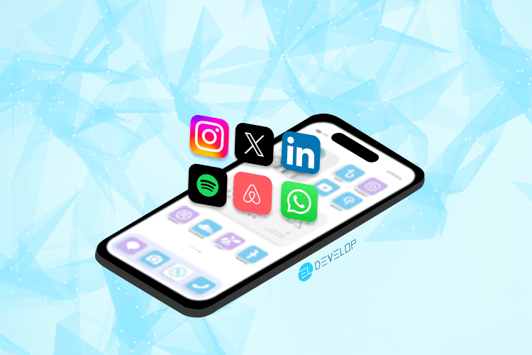 Illustration showcasing the most popular iOS apps built with Swift, featuring abstract representations of apps like Instagram, LinkedIn, and WhatsApp with a sleek iPhone and Swift logo.