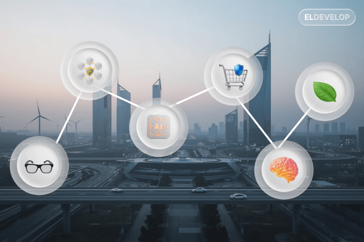 Illustration of emerging e-commerce technologies like AI, AR, voice shopping, and blockchain, highlighting WooCommerce-powered online stores.