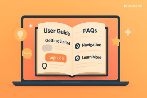 Illustration of a user interacting with a website interface, supported by a digital user guide with tooltips, checklists, and help buttons — representing intuitive frontend and backend web development.