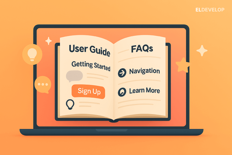 Illustration of a user interacting with a website interface, supported by a digital user guide with tooltips, checklists, and help buttons — representing intuitive frontend and backend web development.
