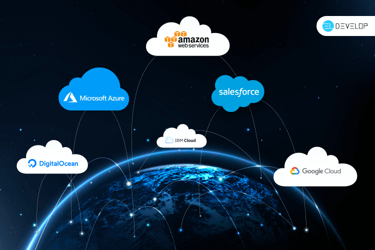 Multi-cloud strategy concept with multiple cloud providers, ensuring flexibility, security, and cost efficiency.